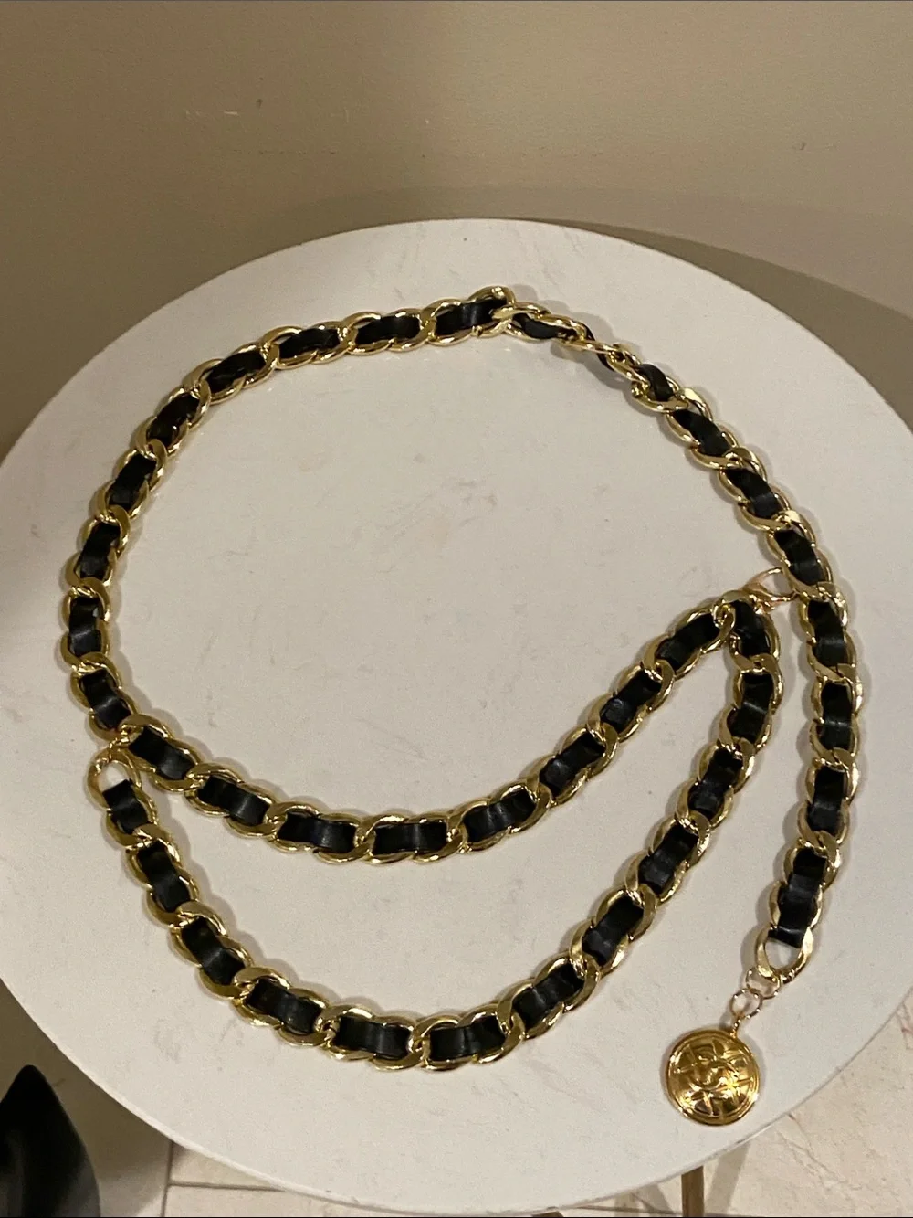 Link Gold /leather Chain And Chanel Coin Round Charm